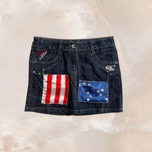 THE BLUE PERIOD Patchwork Denim Mini Skirt Y2K Rhinestones USA Flag Euro Sz 12A